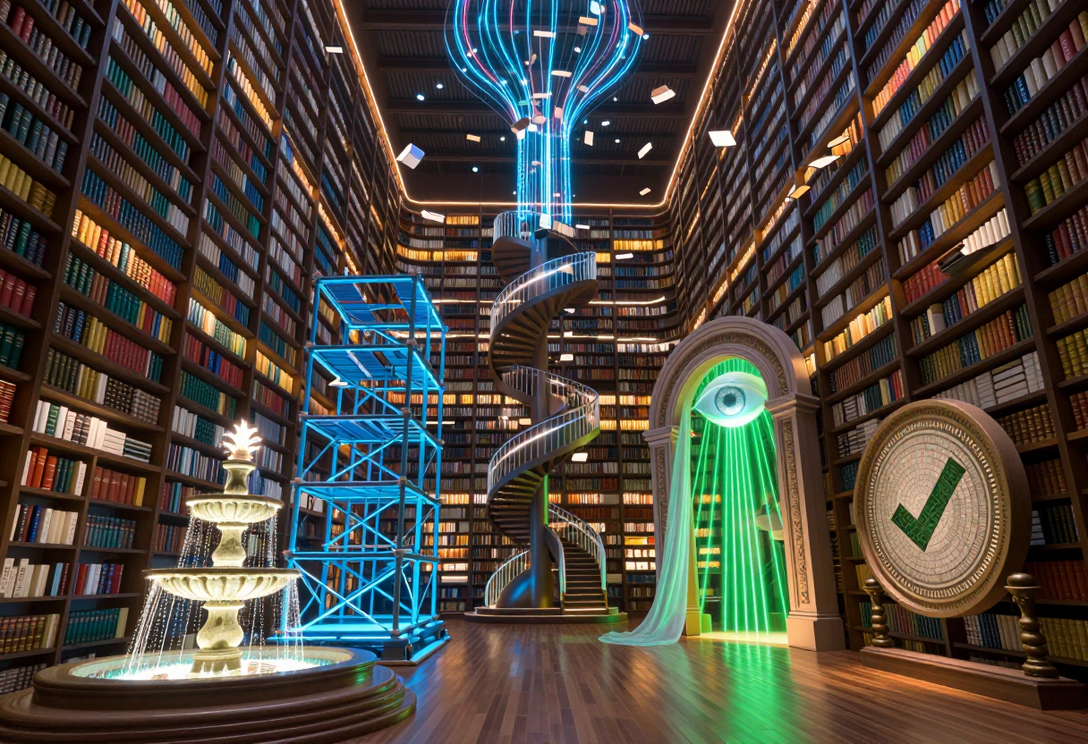 A grand library scene representing structured knowledge, exploration, and guided discovery.